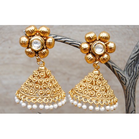 Antique Gold Flower Jhumki Earrings